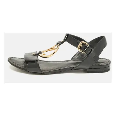 Louis Vuitton Black Patent Leather LV Logo Slingback Flat Sandals Size