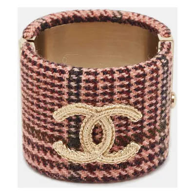 Chanel Tweed CC Fabric Gold Tone Wide Hinged Bangle Bracelet