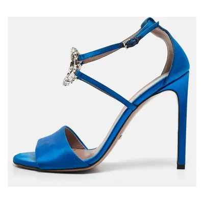 Gucci Blue Satin Crystal Embellished Interlocking G Ankle Strap Sandals Size