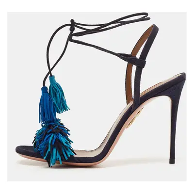 Aquazzura Blue Suede Wild Thing Fringe Ankle Strap Sandals Size 39.5