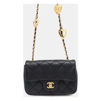 Chanel Black Lambskin Leather Heart Chain Shoulder Bag