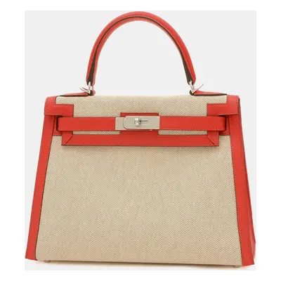 Hermes Ecru Rouge Coeur Toile H Swift Kelly Handbag