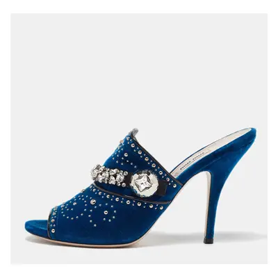 Miu Miu Blue Velvet Studded and Crystal Embellished Mules Size