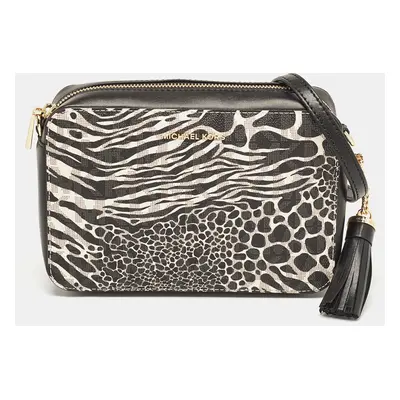 Michael Kors Black/White Printed Faux Leather Ginny Camera Crossbody Bag