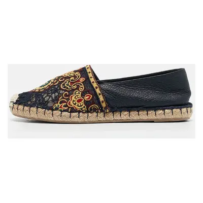 Valentino Navy Blue Leather and Floral Lace Espadrille Flats Size