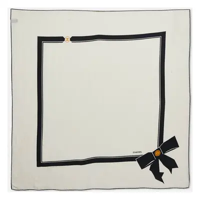 Chanel White Ribbon Print CC Silk Scarf