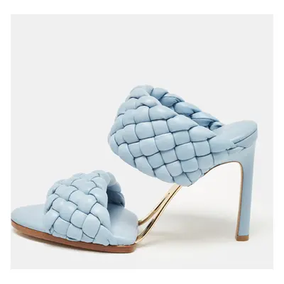 Bottega Veneta Light Blue Intreciato Leather and Metal The Curve Slide Sandals Size