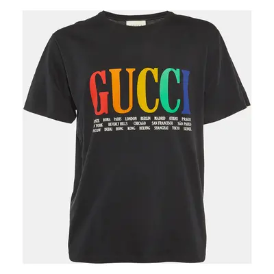 Gucci Black Gucci Cities Print Cotton Crew Neck T-Shirt