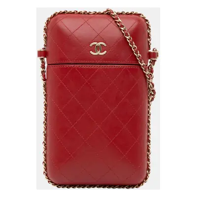 Chanel Red CC Quilted Lambskin Chain Around Phone Holder