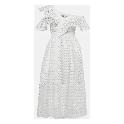 Self-Portrait White Guipure Lace Ruffled Midi Dress