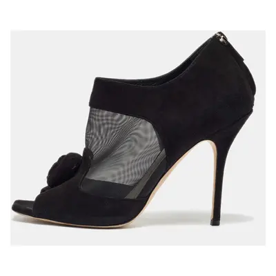 Dior Black Mesh and Suede Floral Applique Open Toe Booties Size