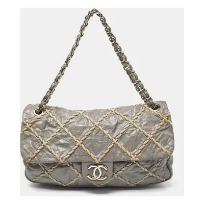 Chanel Grey Quilted Crinkled Leather Ultra Stitch Classic Flap Bag