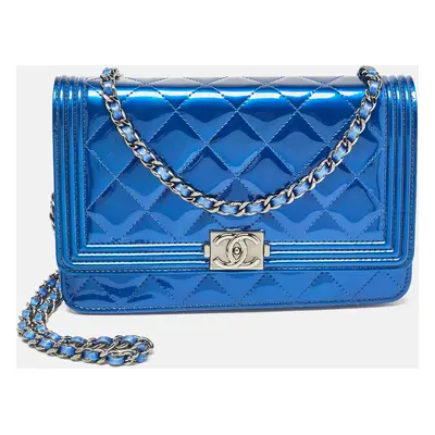 Chanel Royal Blue Quilted Patent Leather Boy Wallet on Chain