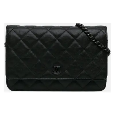 Chanel Black Quilted Crumpled Calfskin So Black Wallet On Chain