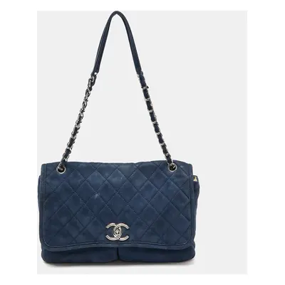 Chanel Blue Quilted Nubuck Leather Large Split Pocket Flap Bag