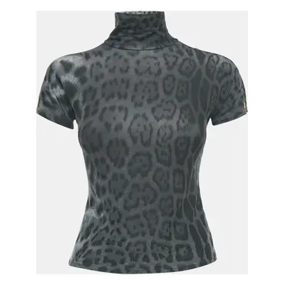 Roberto Cavalli Grey Leopard Print Modal Jersey High Neck Top