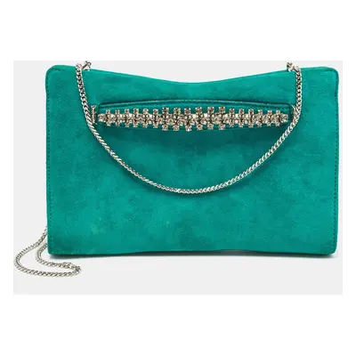 Jimmy Choo Green Suede Crystals Venus Clutch On Chain