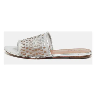 Alaia Silver Leather and Net Flat Slides Size