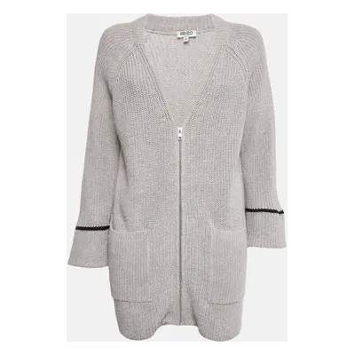 Kenzo Grey Cotton and Wool Knit Zip-Up Cardigan