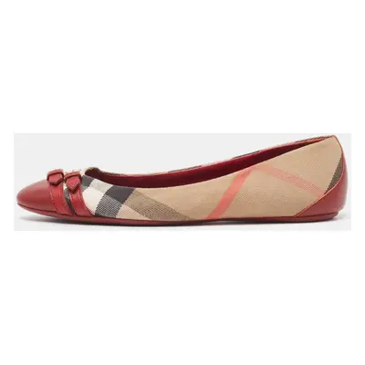 Burberry Burgundy/Beige Leather And Nova Check Canvas Buckle Detail Ballet Flats Size