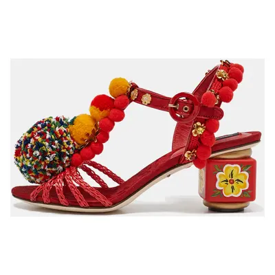 Dolce & Gabbana Red Fabric and Raffia Pom Pom Embellished T-Strap Sandals Size