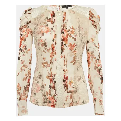 Elisabetta Franchi Beige Floral Print Lace Trim Crepe Blouse