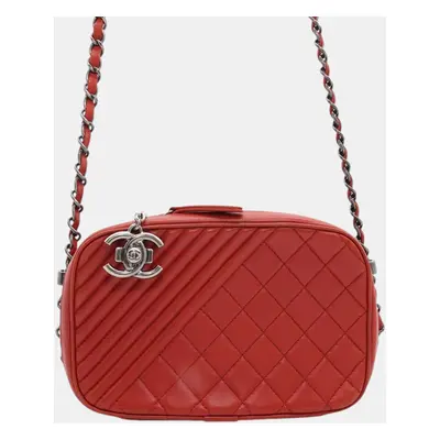 Chanel Red Lambskin Quilted Leather Camera Bag