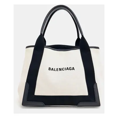 Balenciaga Black Ivory Fabric Cabas Tote Bag