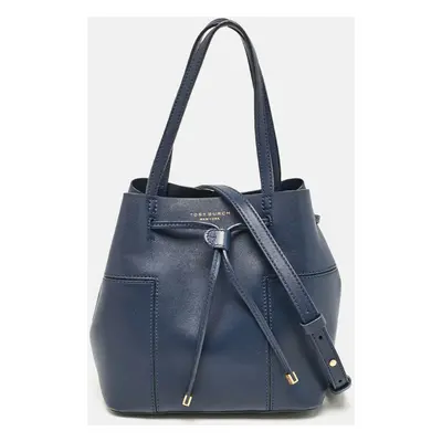 Tory Burch Navy Blue Leather Mini Block-T Bucket Bag