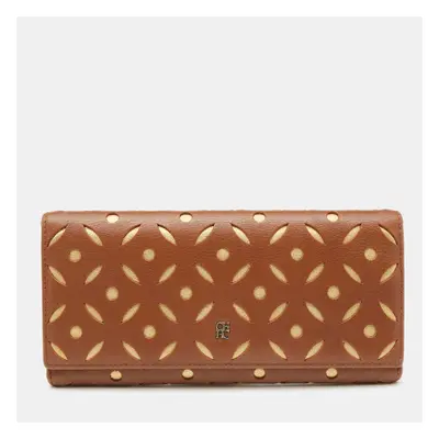 Carolina Herrera Brown/Gold Leather Lasercut Flap Continental Wallet