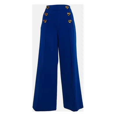 Moschino Couture Blue Crepe Heart Brooch Detail Wide Leg Trousers