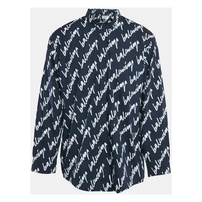 Balenciaga Midnight Blue Logo Print Cotton Unisex Oversized Shirt