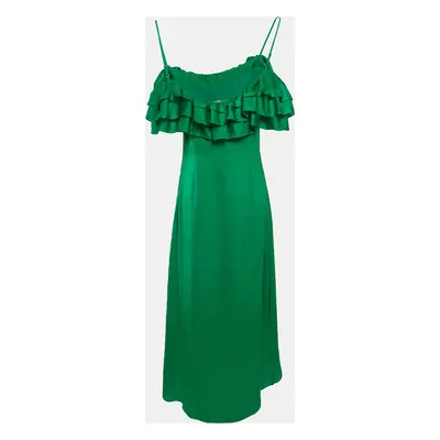 Maje Green Satin Ruffled Rovanta Midi Dress