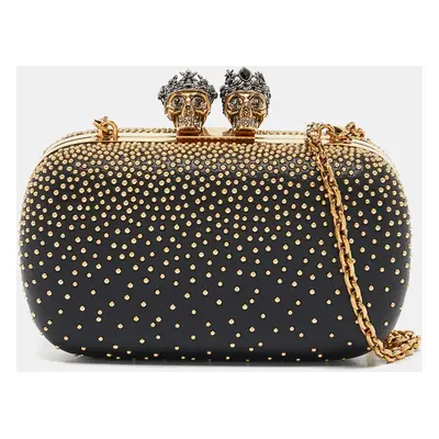 Alexander McQueen Black Leather Studded King and Queen Skull Chain Clutch