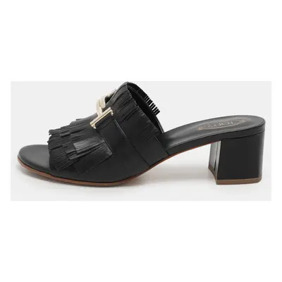 Tod's Black Leather Double T Fringe Slide Sandals Size