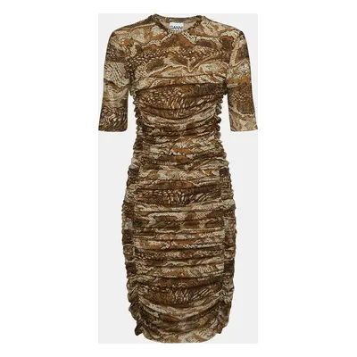 Ganni Brown Snake Print Jersey Ruched Mini Dress