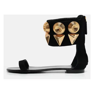 Giuseppe Zanotti Black Suede Crystal Embellished Ankle Strap Flat Sandals Size