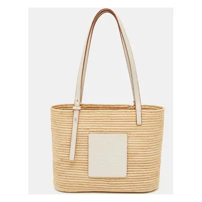 Loewe Beige/White Leather and Raffia Small Square Basket Tote