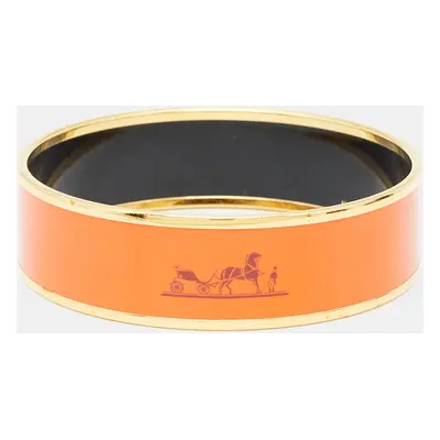 Hermès Orange Enamel Printed Caleche Gold Tone Wide Bracelet