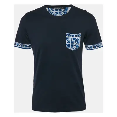 Dolce & Gabbana Navy Blue Cotton Contrast Print Detail T-Shirt