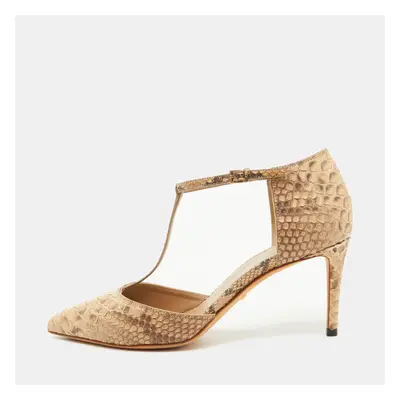 Gucci Beige/Brown Python Pointed Toe T-Strap Pumps Size 36.5