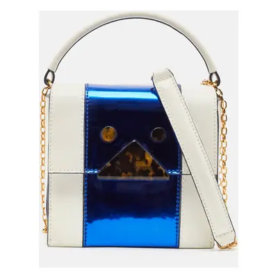 Emporio Armani White/Metallic Blue Leather Chain Top Handle Bag