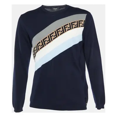 Fendi Navy Blue Wool Knit Monogram Pattern Detail Pullover