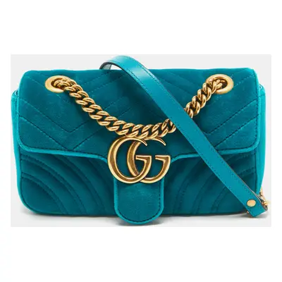 Gucci Teal Matelassé Velvet Mini GG Marmont Shoulder Bag