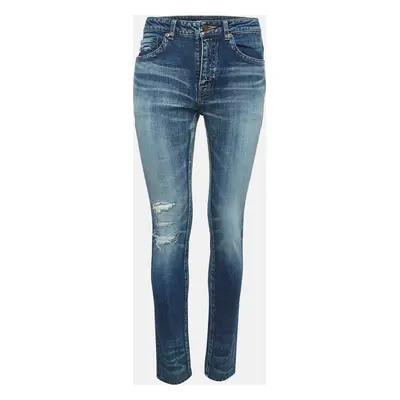 Saint Laurent Blue Distressed Denim Frayed Skinny Jeans Waist 28"