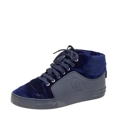 Chanel Navy Blue Velvet And Rubber CC High Top Sneakers Size 37.5