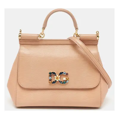 Dolce & Gabbana Beige Lizard Embossed Leather Miss Sicily Top Handle Bag