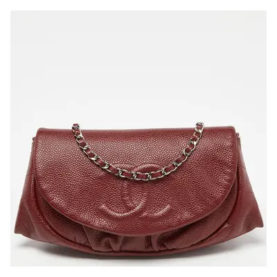 Chanel Red Quilted Caviar Leather Half Moon Wallet On Chain