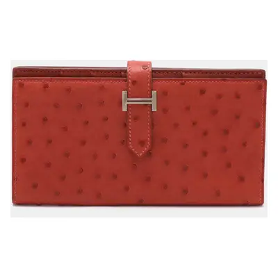 Hermes Red Leather Ostrich Bearn Souffle Long Wallet