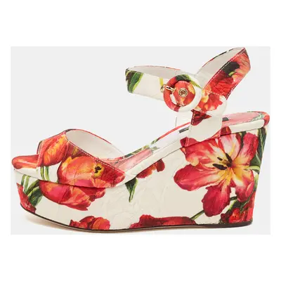 Dolce & Gabbana Multicolor Floral Printed Fabric Platform Wedge Sandals Size